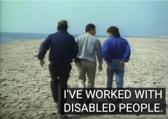 Highway to Heaven screenshot of Michael Landon, Victor French and guest star walking on a beach. Landon: "I've worked with disabled people."