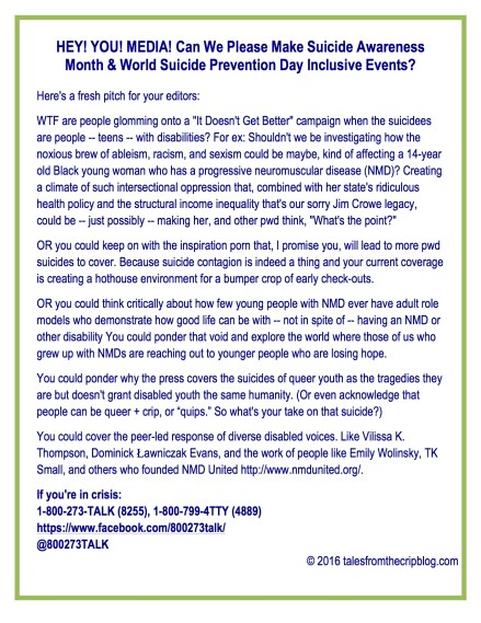 HEY! YOU! MEDIA! Can We Please Make Suicide Awareness Month & World Suicide Prevention Day Inclusive Events? Here's a fresh pitch for your editors: WTF are people glomming onto a 