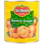 A bright yellow can with red and green that reads "Del Monte Mandarin Oranges in Light Syrup."