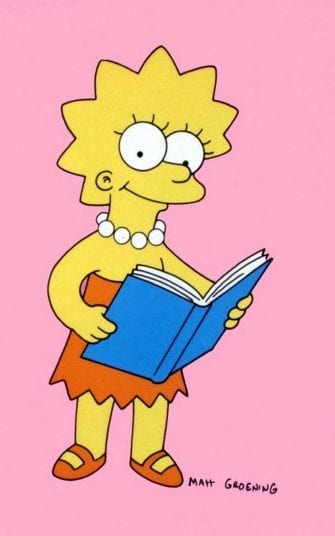 Lisa Simpson, smiling and reading a big blue book